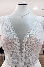 Beautiful Long Wedding Dress With A-Line Appliques Tulle Lace Open Back Design BM bride
