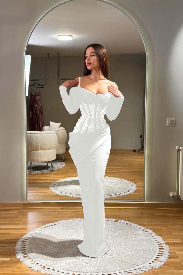 Off the Shoulder Long Sleeves Long Prom Dress With Sequins Pleated BMBRIDE