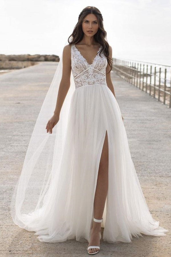 V-Neck Sleeveless Lace Wedding Dress BM bride
