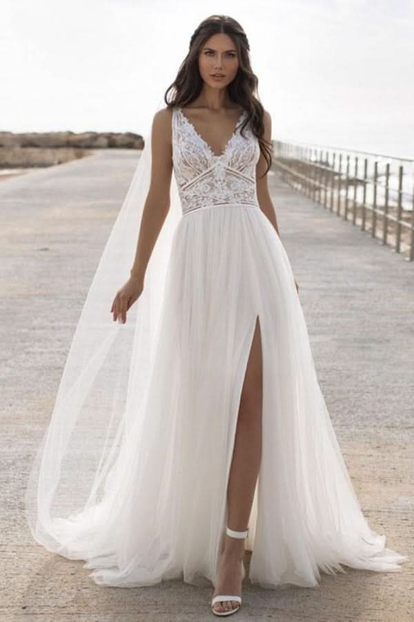 V-Neck Sleeveless Lace Wedding Dress BM bride