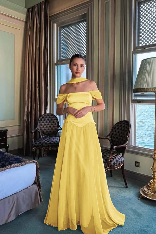 Stunning Off the Shoulder Sleeveless Long Prom Dress With Pleated
