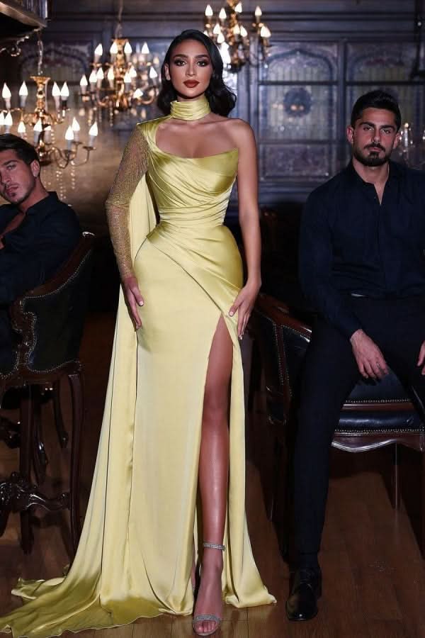 Yellow One Shoulder Halter Pleated High Split Prom Dress BM bride