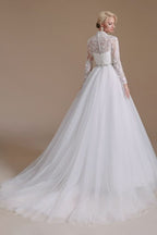 Modest A-Line High Neck Long Sleeve Wedding Dress with Tulle Lace BM bride