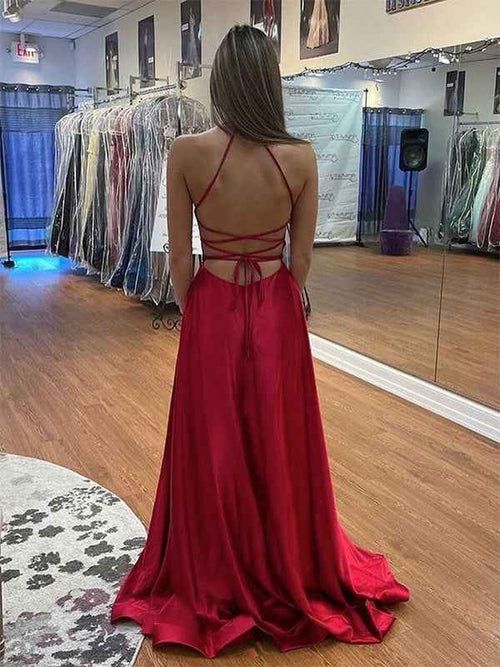 Red A Line Spaghetti Straps V Neck Long Prom Dress with Slit BMBRIDE