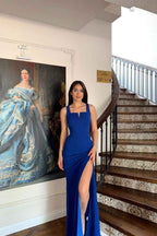 Blue Spaghetti Strap Sleeveless Pleated Long Prom Dress With Side Split