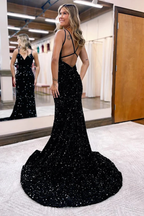 Sparkly Baby Blue Sequin Mermaid Prom Dress with Long Sleeveless V-Neck Backless BM bride