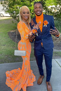 Long Sleeves Orange V-Neck Mermaid Prom Dress BM bride