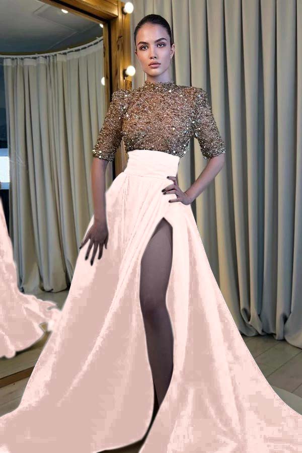 Black And Champagne Long Prom Dress Half Sleeves With High Slit