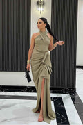 Halter Sleeveless Long Mermaid Prom Dress With Split Pleated