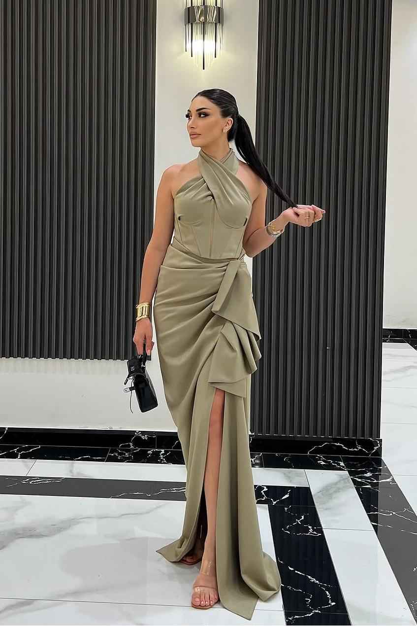 Halter Sleeveless Long Mermaid Prom Dress With Split Pleated