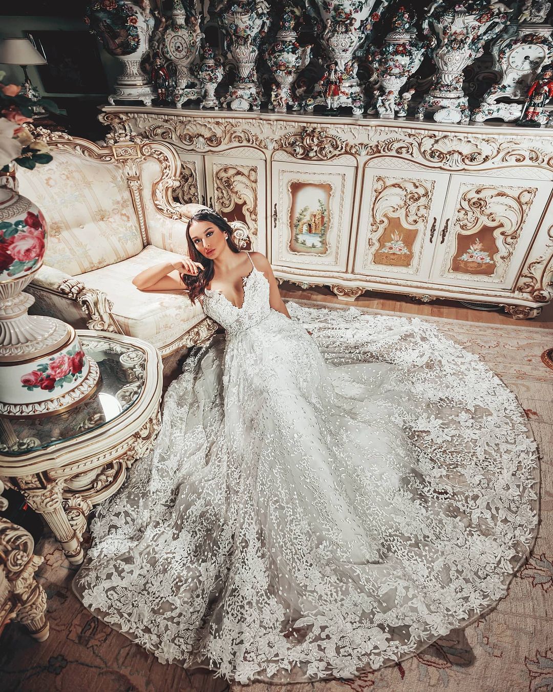 Gorgeous Long A-Line V-Neck Wedding Dress with 3D Floral Lace BM bride