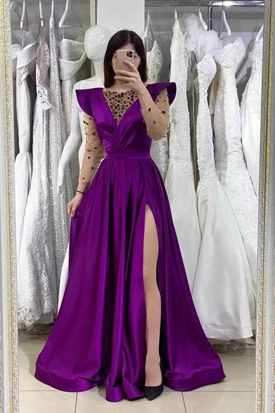 Dark Purple Mermaid V Neck Beadings Prom Dress With Long Sleeves Front Split