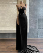 Black Spaghetti-Strap Mermaid Evening Dress with Beadings Sequins and Slit BM bride