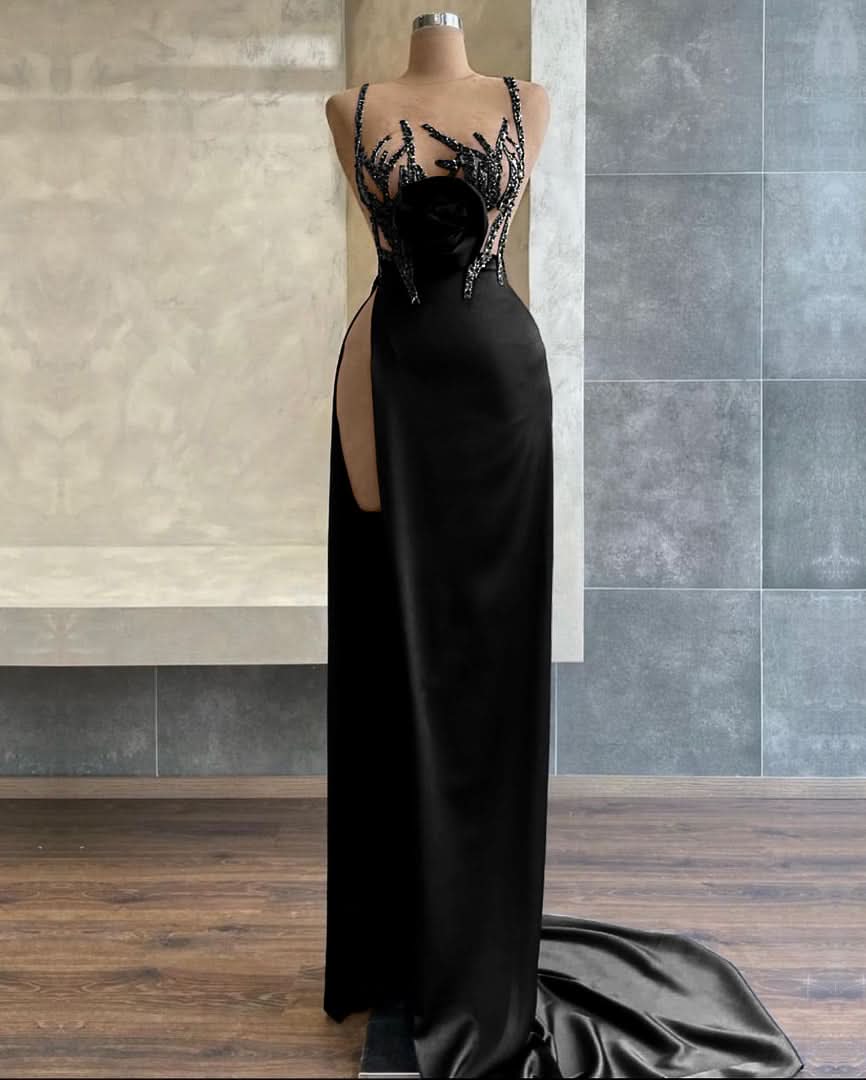 Black Spaghetti-Strap Mermaid Evening Dress with Beadings Sequins and Slit BM bride