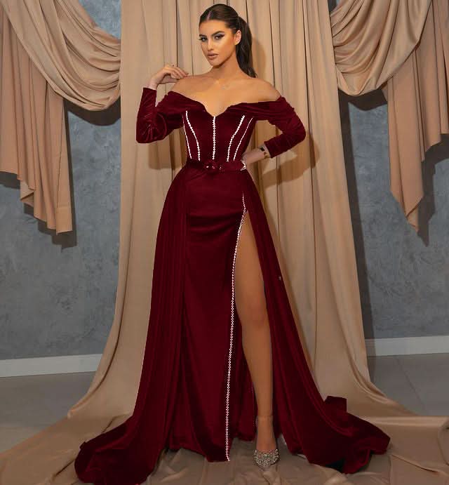 Dark Green Long Sleeve Sweetheart Mermaid Prom Dress with Front Split and Belt BM bride