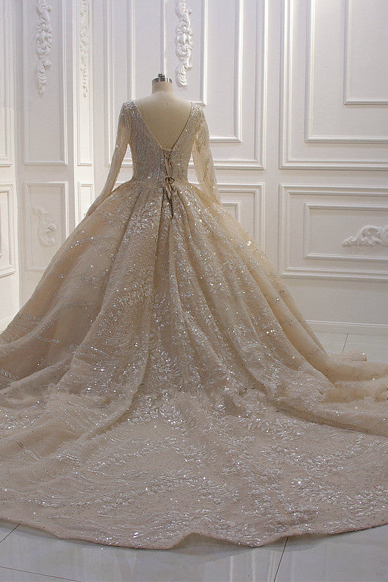 Long Sleeve V-Neck Ball Gown Wedding Dress with Sequins, Beading, and Ruffles BM bride