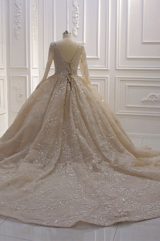 Long Sleeve V-Neck Ball Gown Wedding Dress with Sequins, Beading, and Ruffles BM bride