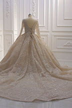 Long Sleeve V-Neck Ball Gown Wedding Dress with Sequins, Beading, and Ruffles BM bride