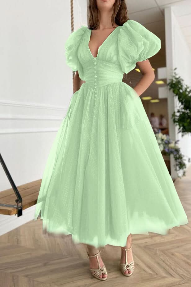 Dark Green V-Neck Evening Dress A-Line with Short Sleeves on Sale BM bride