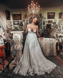Gorgeous Long A-Line V-Neck Wedding Dress with 3D Floral Lace BM bride