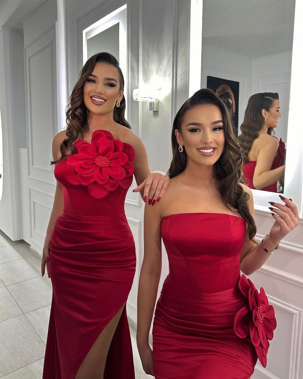 Red Strapless Prom Dress with Handmade Flower Pearls, Split, and Pleats BM bride