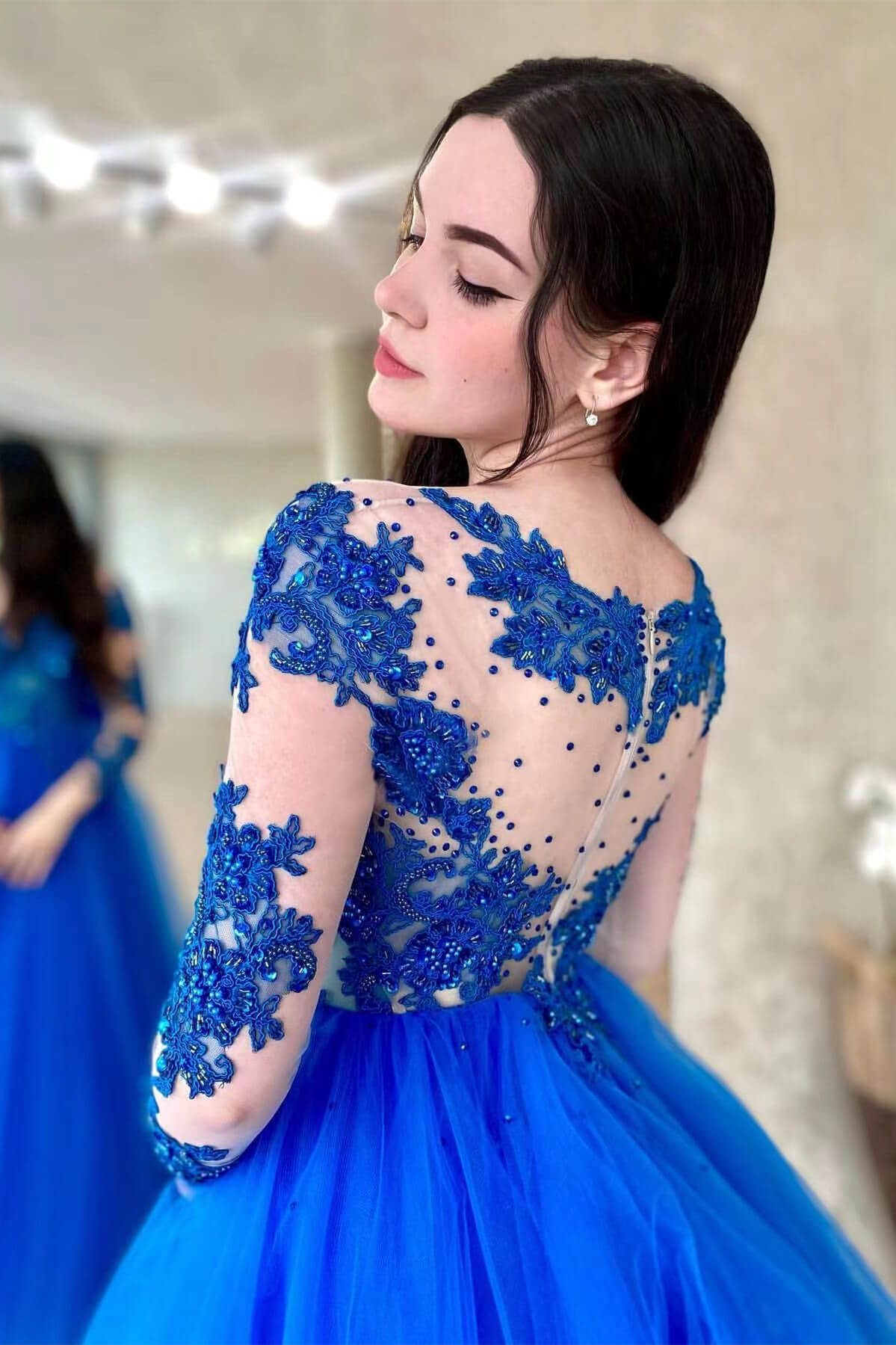 Amazing Royal Blue Long Sleeve Tulle Prom Dress with Appliques BM bride