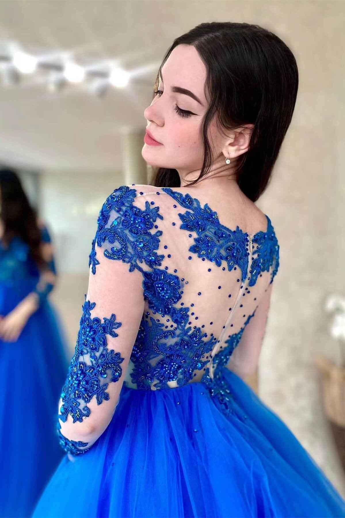 Royal Blue Long Sleeves Tulle A Line Long Prom Dress With Appliques Amazing
