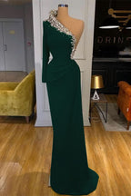Green Long Sleeve One-Shoulder Beaded Mermaid Prom Dress BM bride