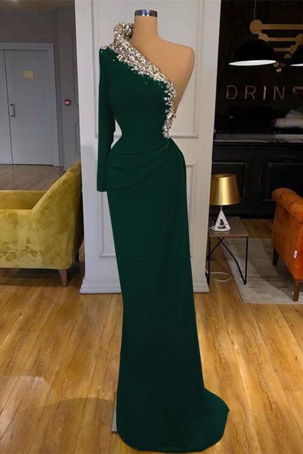 Green Long Sleeve One-Shoulder Beaded Mermaid Prom Dress BM bride