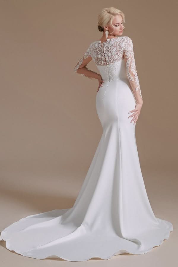 Jewel Neck Satin Lace Long Sleeve Mermaid Wedding Dress BM bride