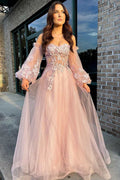 Charming Pink Tulle Strapless A-Line Prom Dress with Balloon Sleeves BM bride