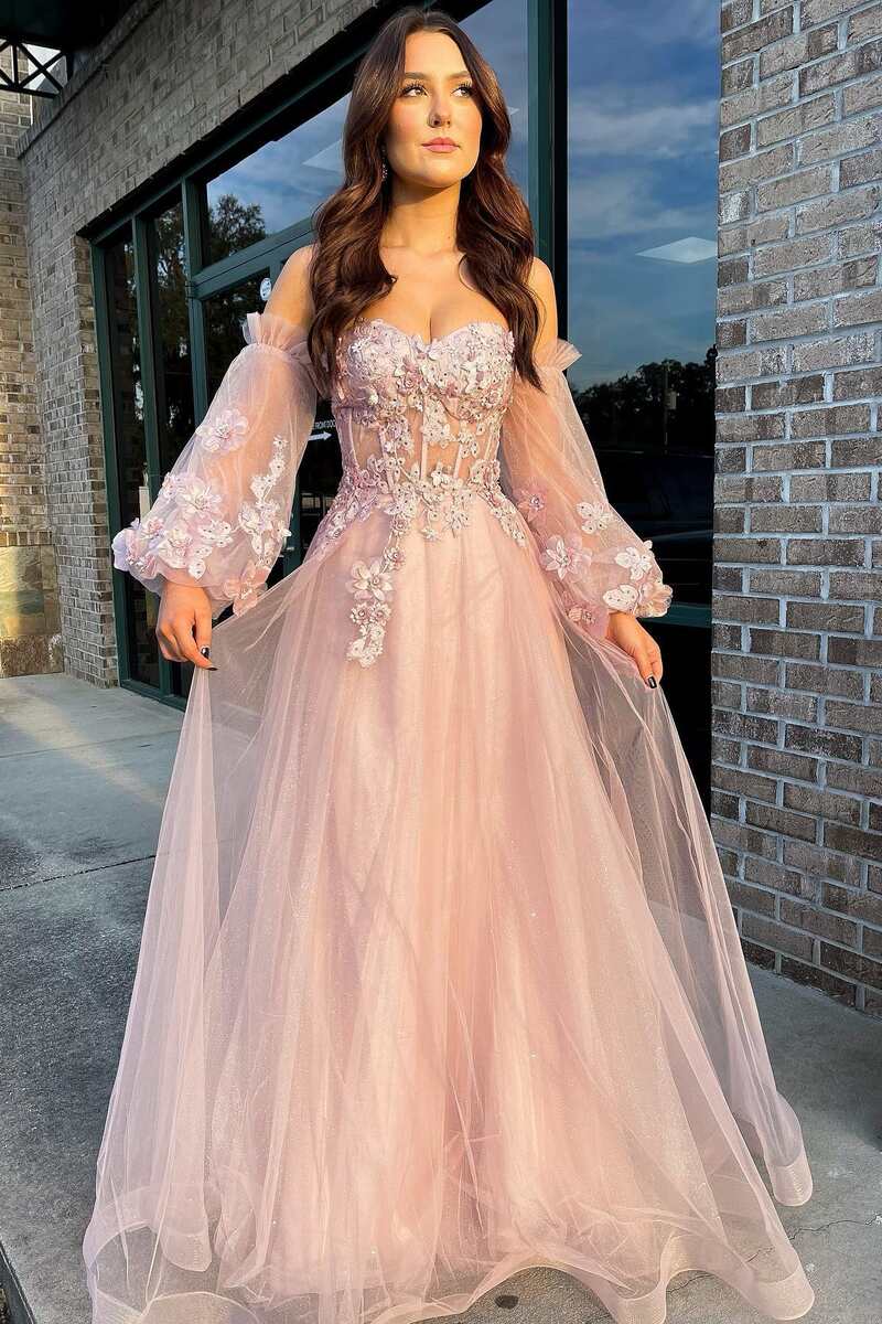 Charming Pink Tulle Strapless A-Line Prom Dress with Balloon Sleeves BM bride