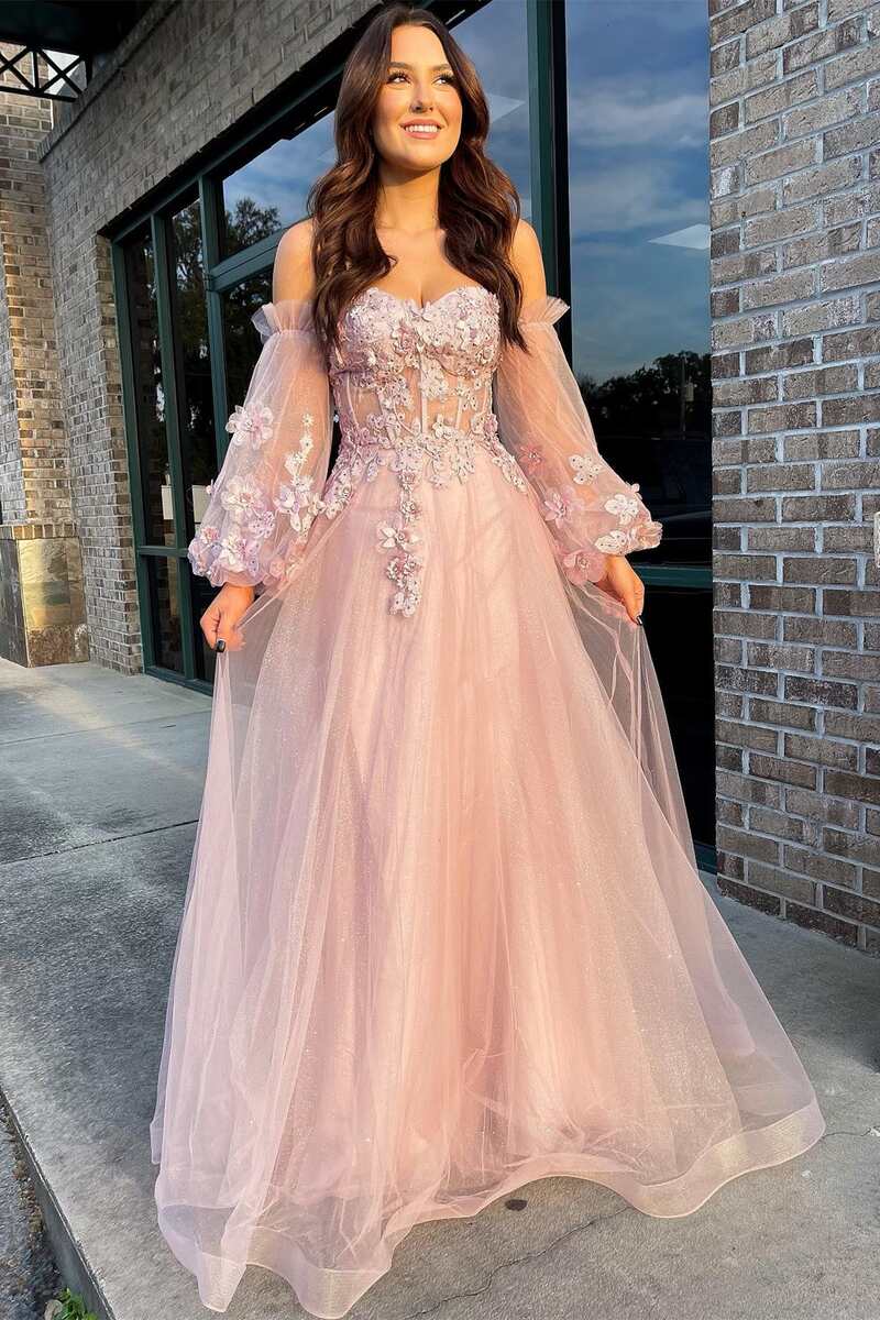 Charming Pink Tulle Strapless A-Line Prom Dress with Balloon Sleeves BM bride