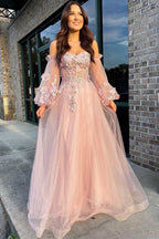 Charming Pink Tulle Strapless A-Line Prom Dress with Balloon Sleeves BM bride