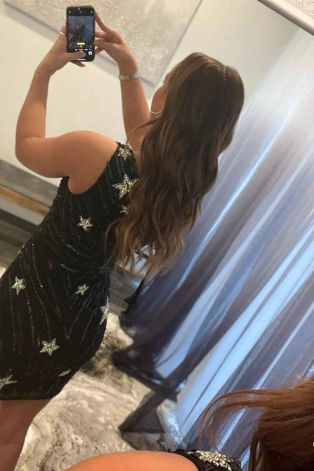 Sheath One Shoulder Black Sequins Short Homecoming Dress with Star Bmbride