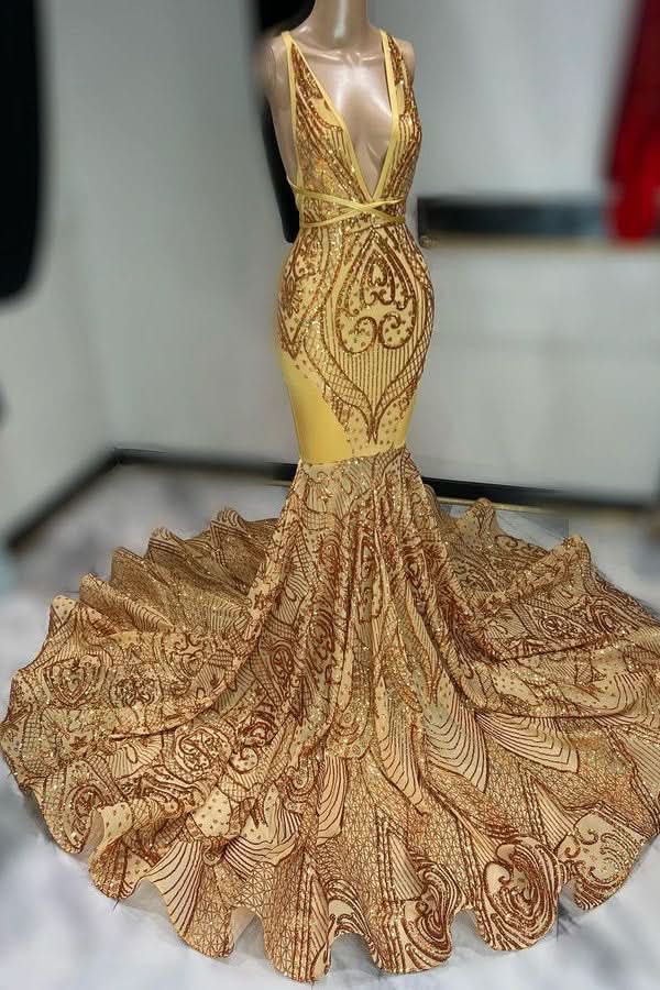 Dark Gold Sleeveless Sequin Prom Dress with V-Neck and Appliqueds BM bride