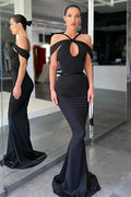 Black Halter Off the Shoulder Mermaid Prom Dress With Pleated