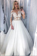 A-line Crystal Wedding Dress Deep V-neck Floor-length With Appliques Lace BM bride