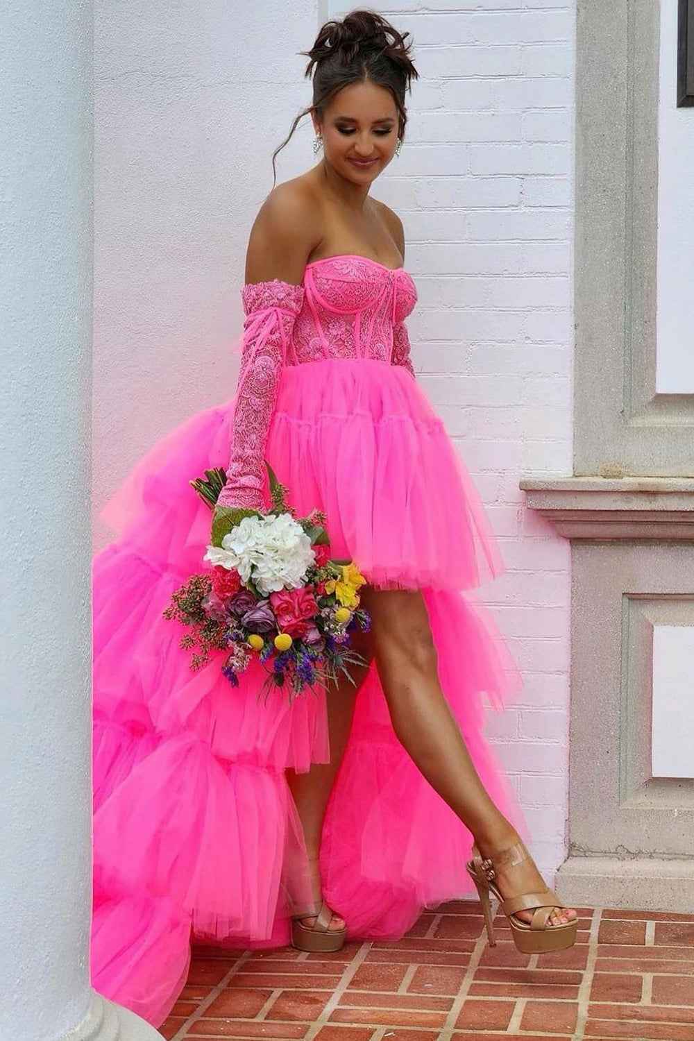 Hot Pink High Low Detachable Sleeves Corset Homecoming Dress with Lace Bmbride
