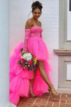 Hot Pink High Low Detachable Sleeves Corset Homecoming Dress with Lace Bmbride