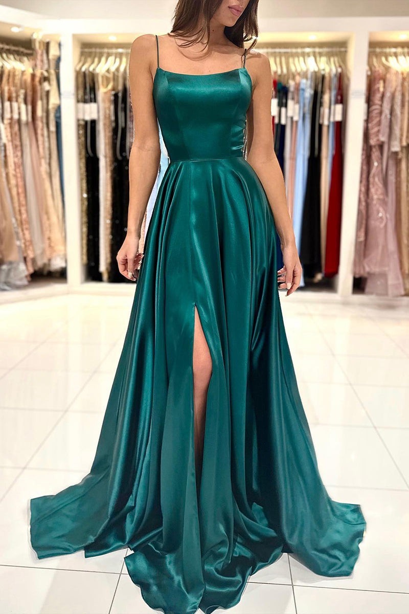 Spaghetti Strap Split Simple Long Prom Dress Green A Line BMBRIDE