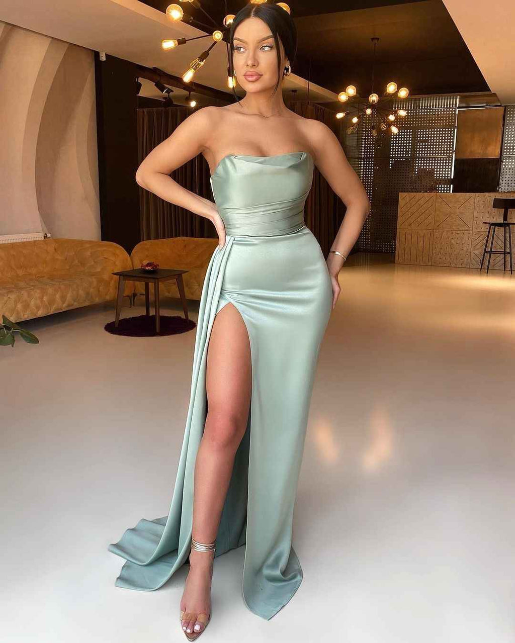 Dusty Sage Sleeveless Mermaid Strapless Prom Dress Elegant Split With Ruffles