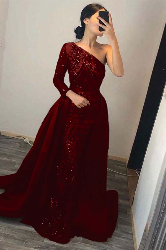 Dark Green Overskirt One Shoulder Long Sleeve Mermaid Prom Dress With Sequins BMBRIDE