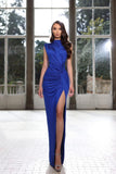 Simple Royal Blue High Neck Prom Dress with High Slit BM bride