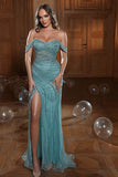 Charming Green Evening Dress Prom Dress Strapless Off-the-Shoulder with Sequins and Slit BM bride