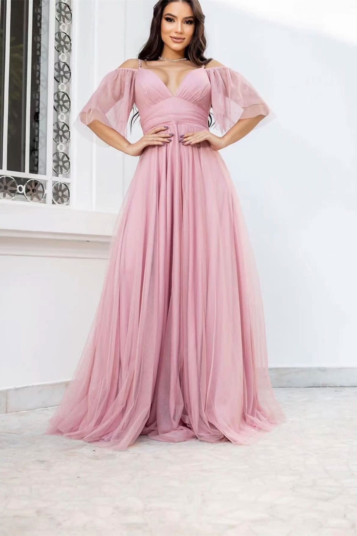Spaghetti-Strap Boho Tulle A-Line Prom Dress BM bride