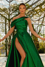 Green One Shoulder Satin Prom Dress with High Split BM bride