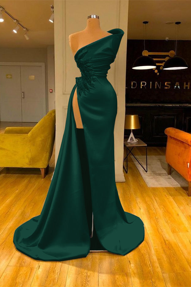 Sky Blue Mermaid One Shoulder Sleeveless Long Split Prom Dress With Beadings