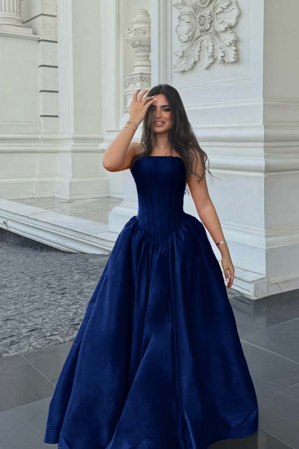 Chic Sleeveless Strapless Long A Line Prom Dress With Pleated BMBRIDE