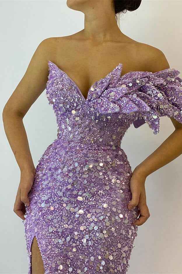 Pretty Lilac Sequins Off the Shoulder Mermaid Prom Dress With Split